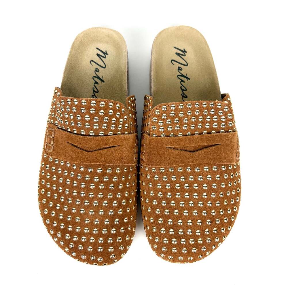 Anthropologie Matisse Jagger Clog Slip On Embellished Suede Brown Silver Size 8